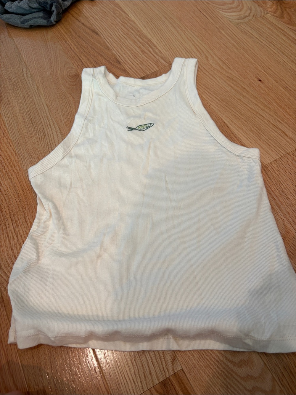 a new day White Ribbed Tank Top with Small Fish Embroidery